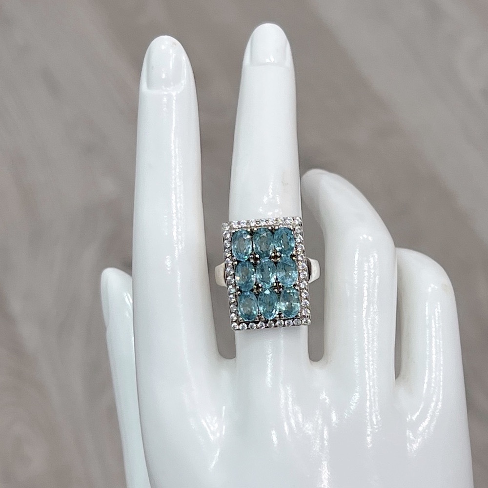 Cambodian Blue Zircon White Zircon Sterling Silver Rectangular Cluster R… - Picture 5 of 14